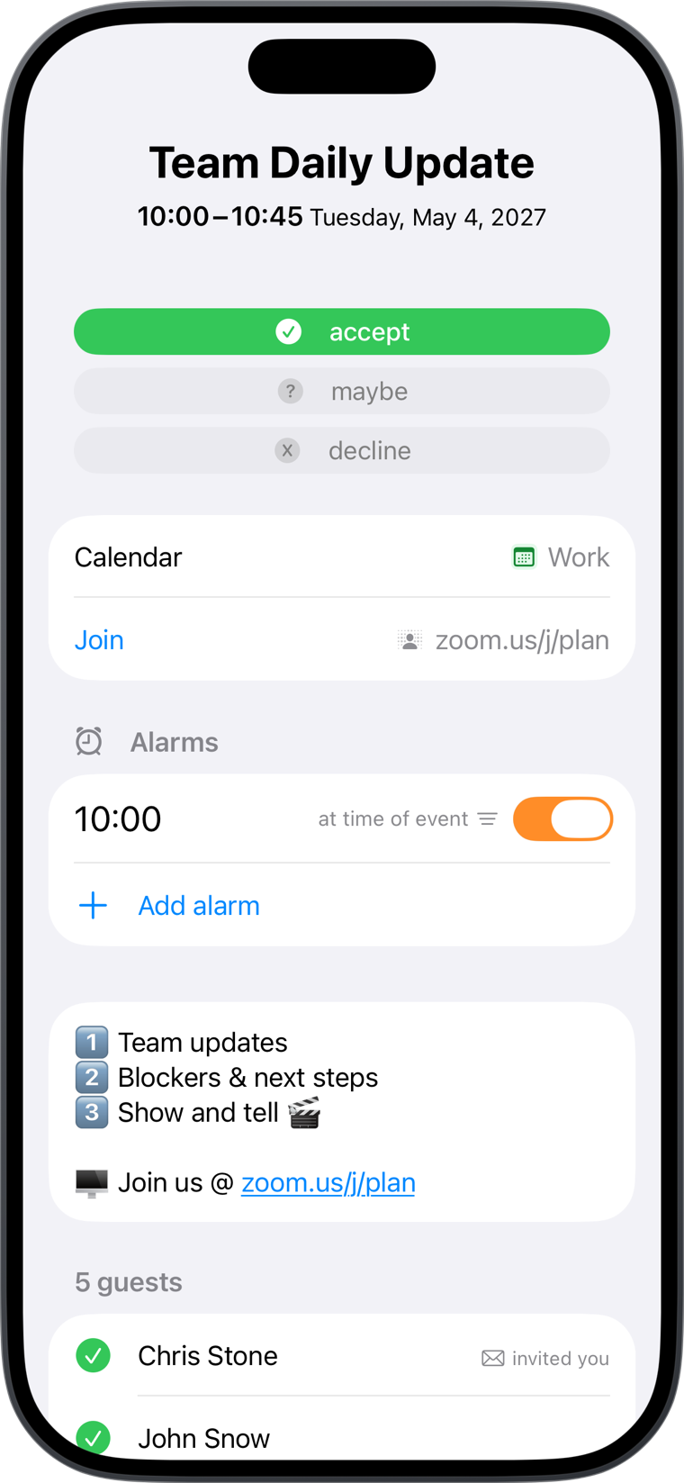 Adding an alarm to a calendar event in Today Planned