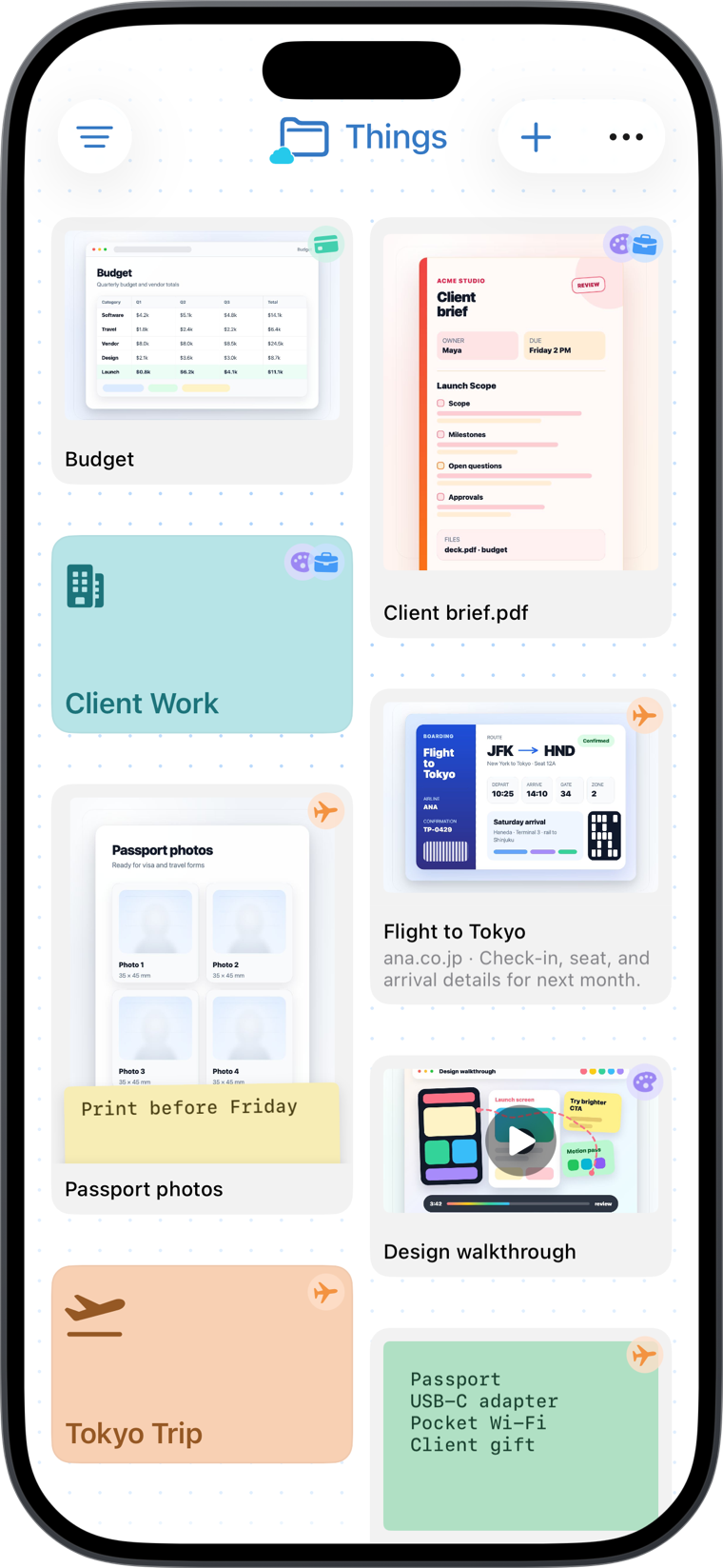 Today Planned Things view with saved notes, files, and plans