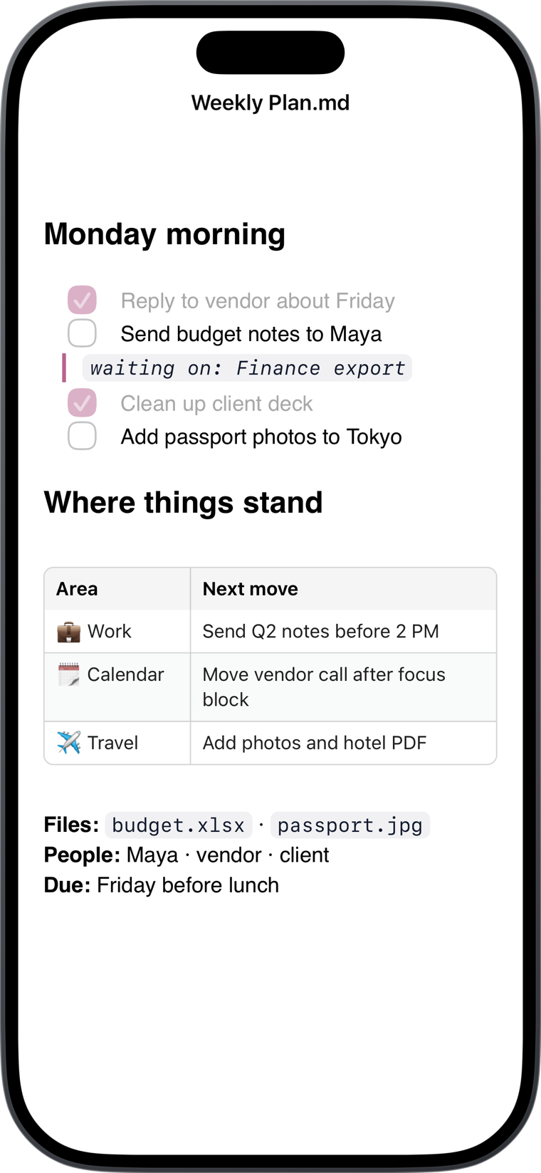 A Markdown note open in Today Planned Things