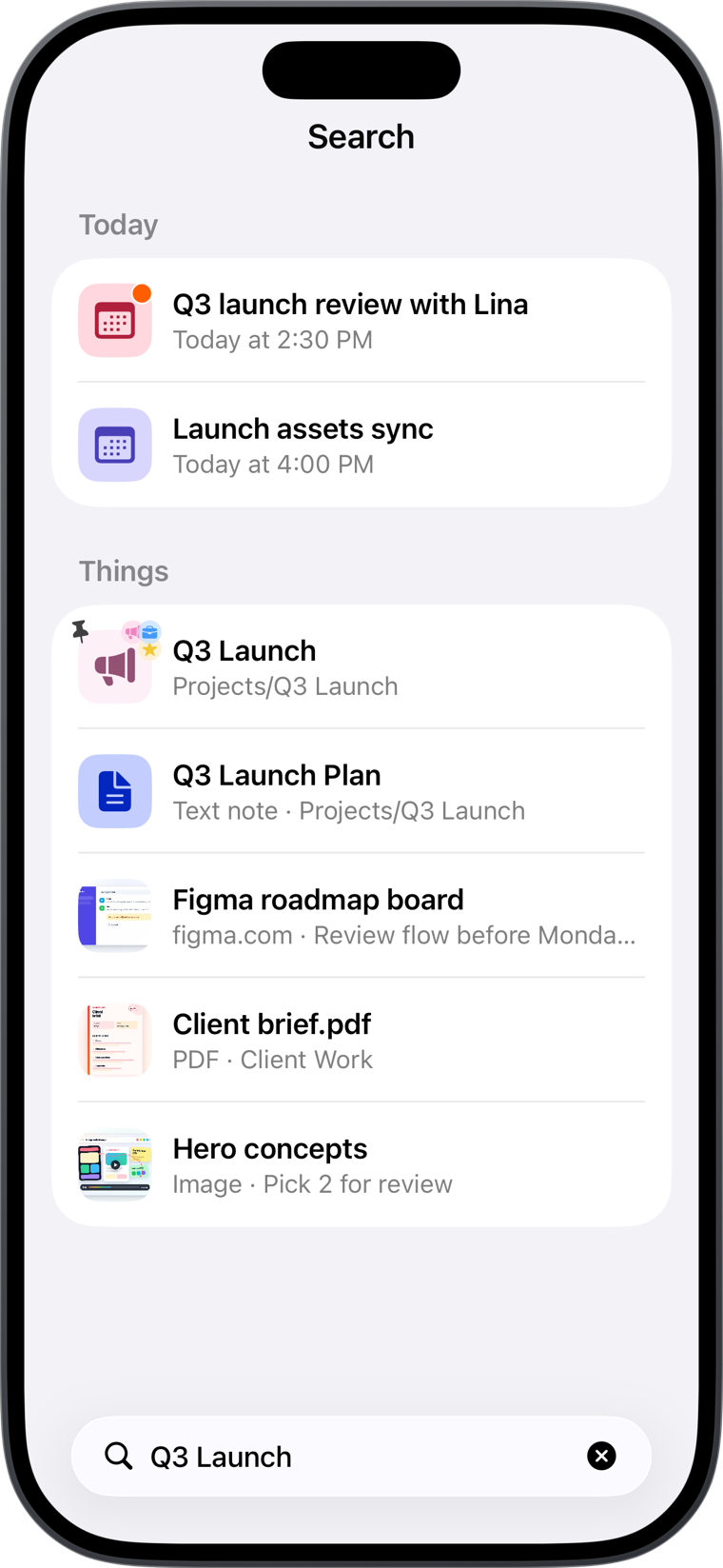 Searching across events and saved Things together